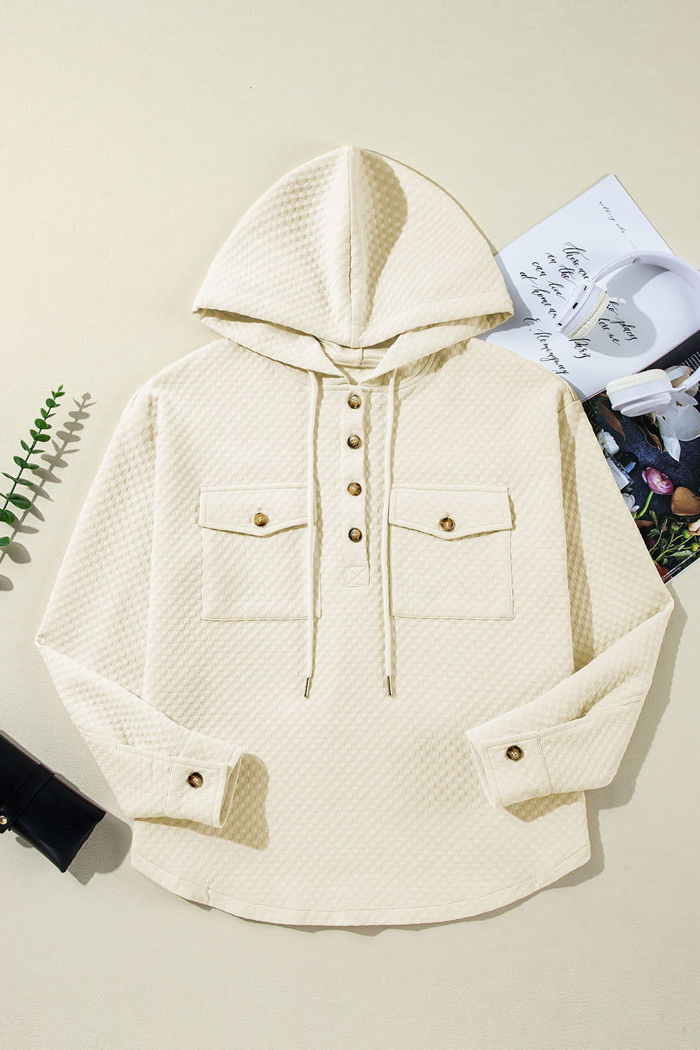 Textured Buttoned Neckline Side Pockets Hoodie