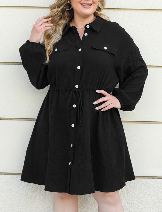 Plus Size Textured Drawstring Button up Shirt Dress