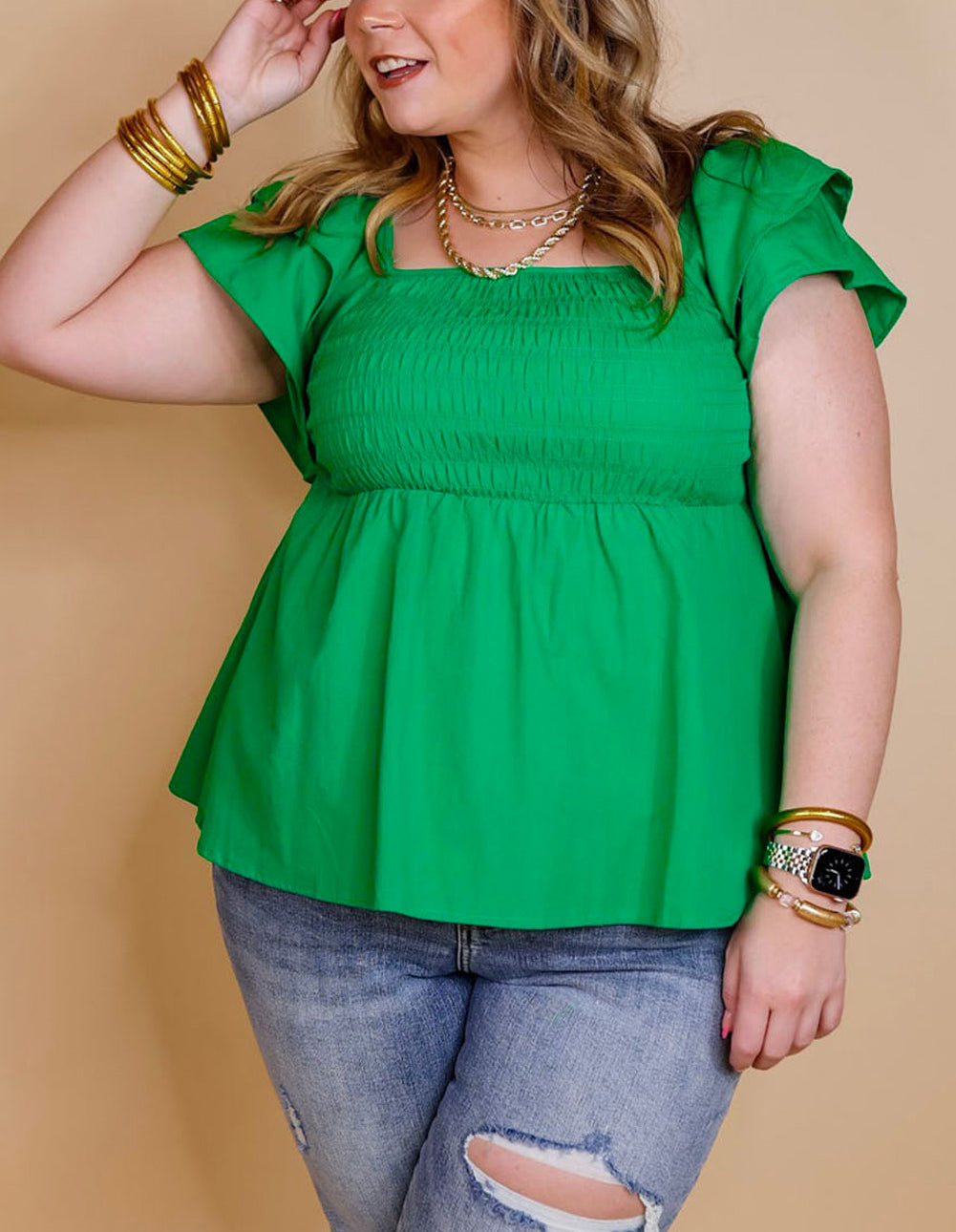 Green Ruffle Tiered Short Sleeve Plus Size Babydoll Top