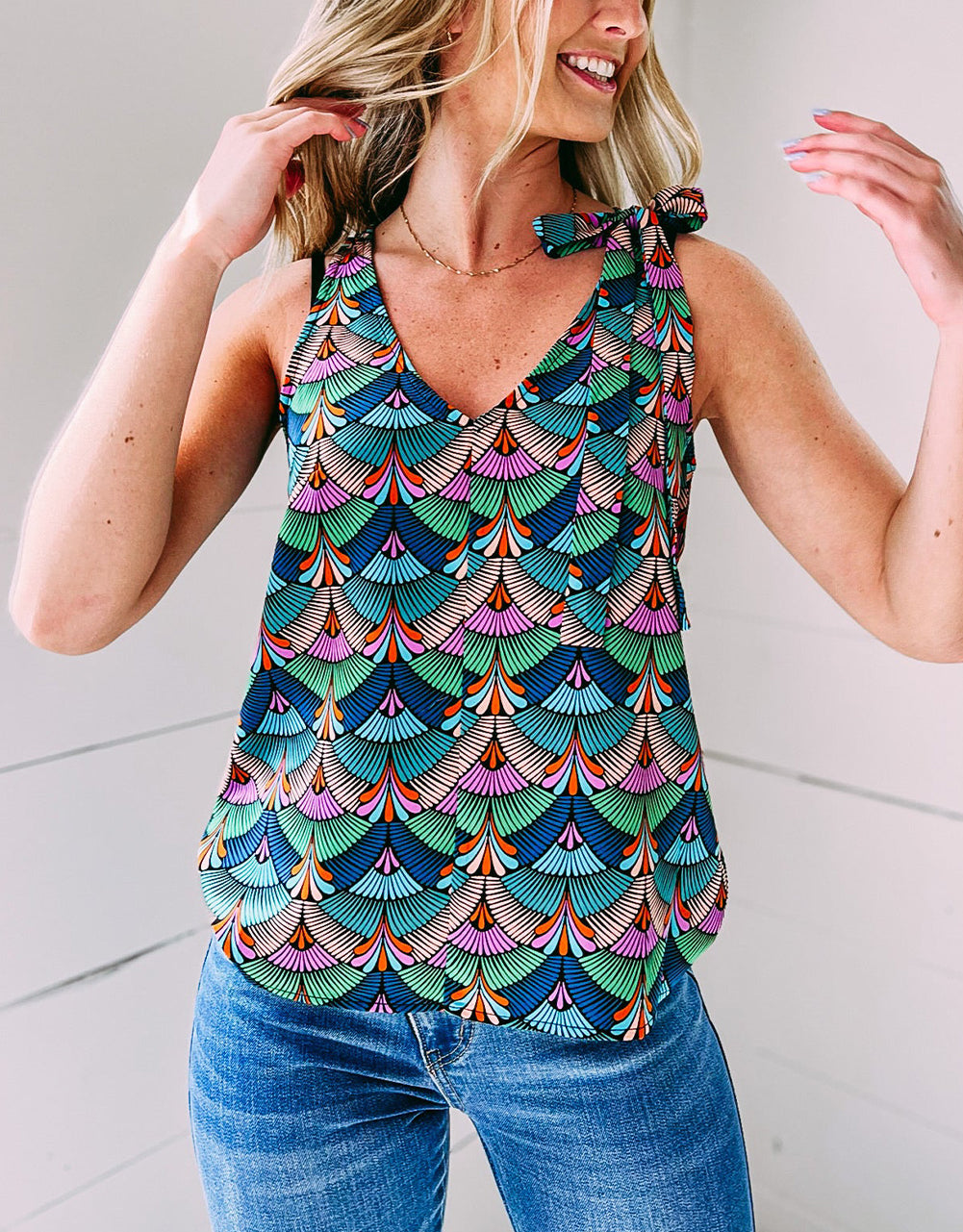 Printed Knotted Shoulder Tank Tops