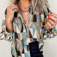 Geometric Print Buttoned Balloon Sleeve Loose Fit Shirt