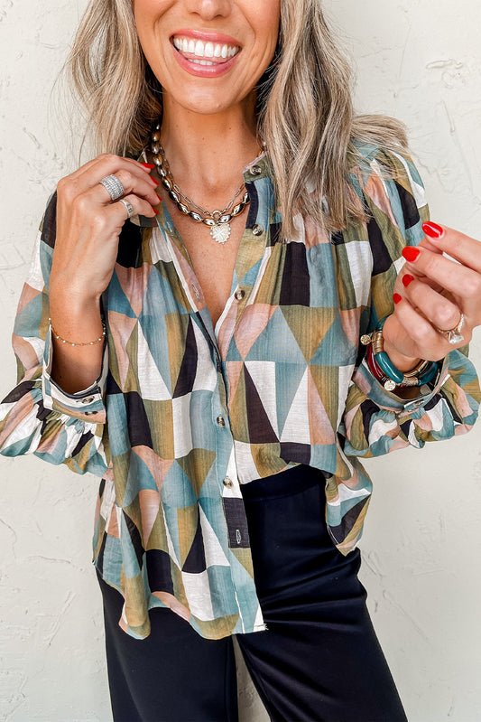 Geometric Print Buttoned Balloon Sleeve Loose Fit Shirt