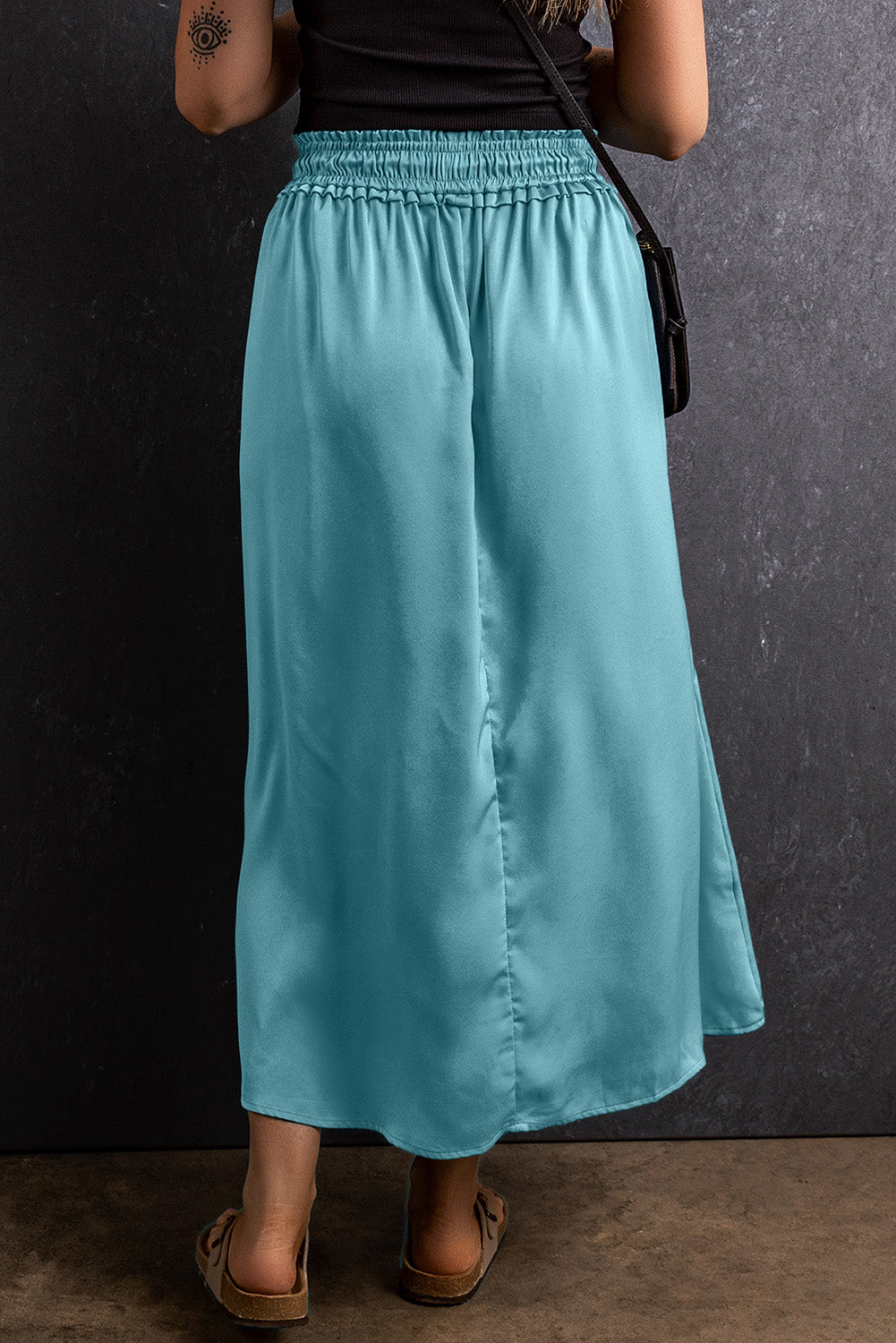 Drawstring Split Side Flowy Long Skirt