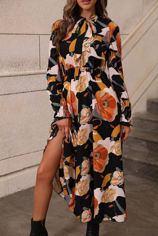 Floral Print Tie Neck Long Sleeve Dress