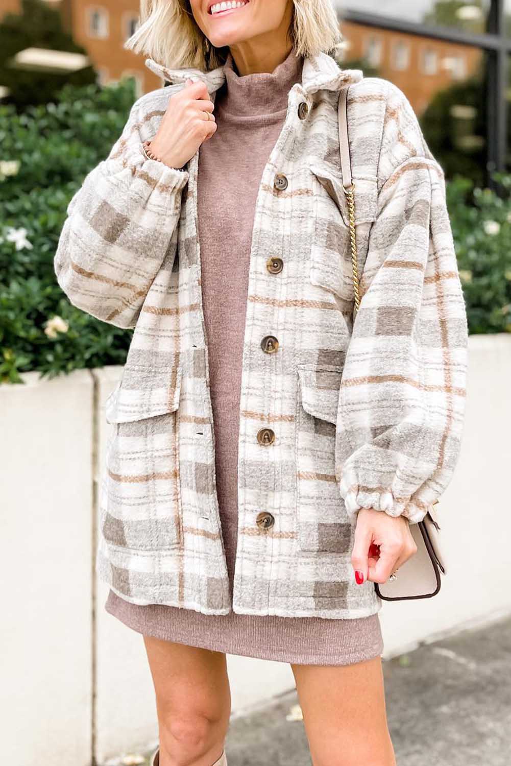 Plaid Drop Shoulder Puff Sleeve Jacket