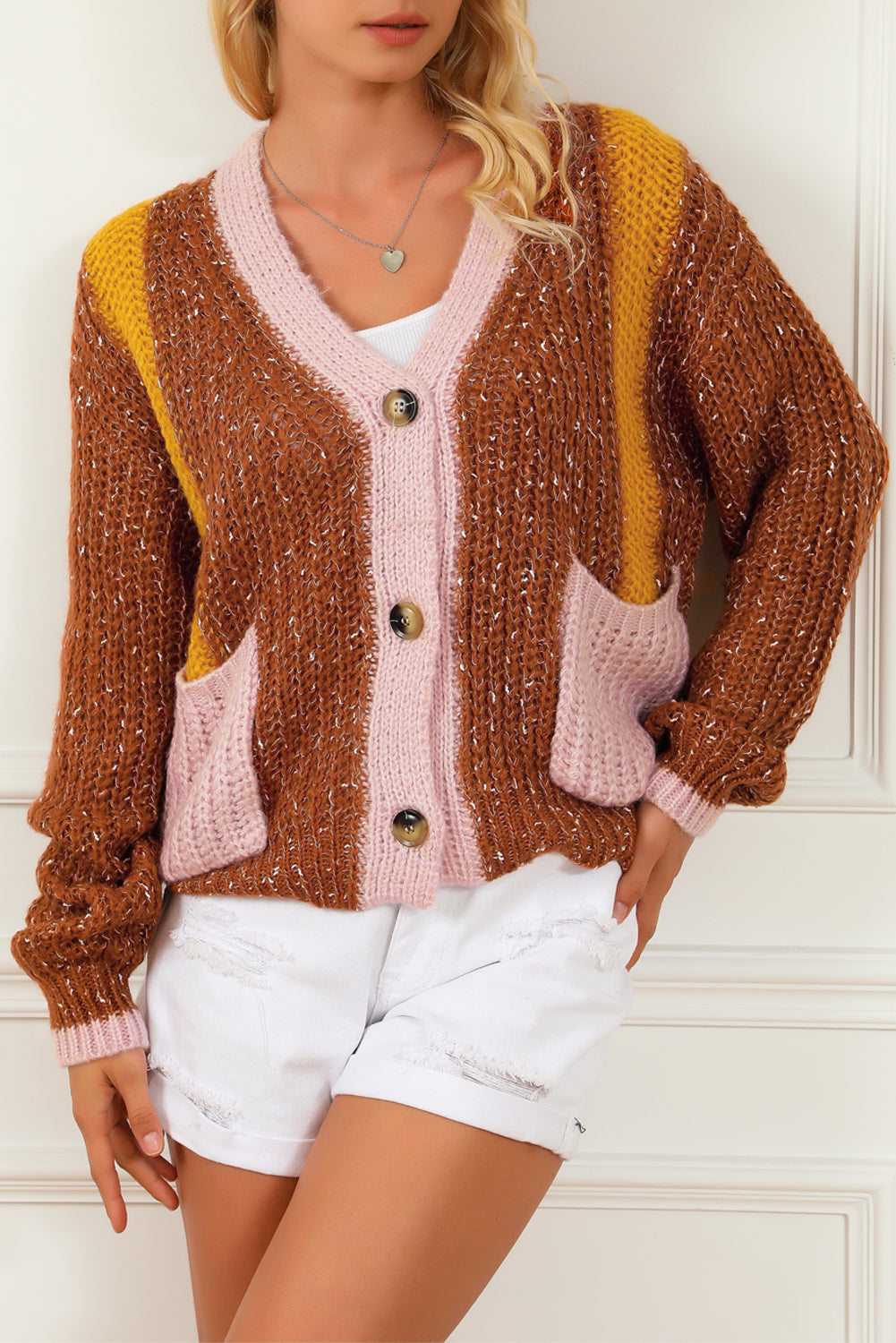Dual Pockets Colorblock Sweater Cardigan