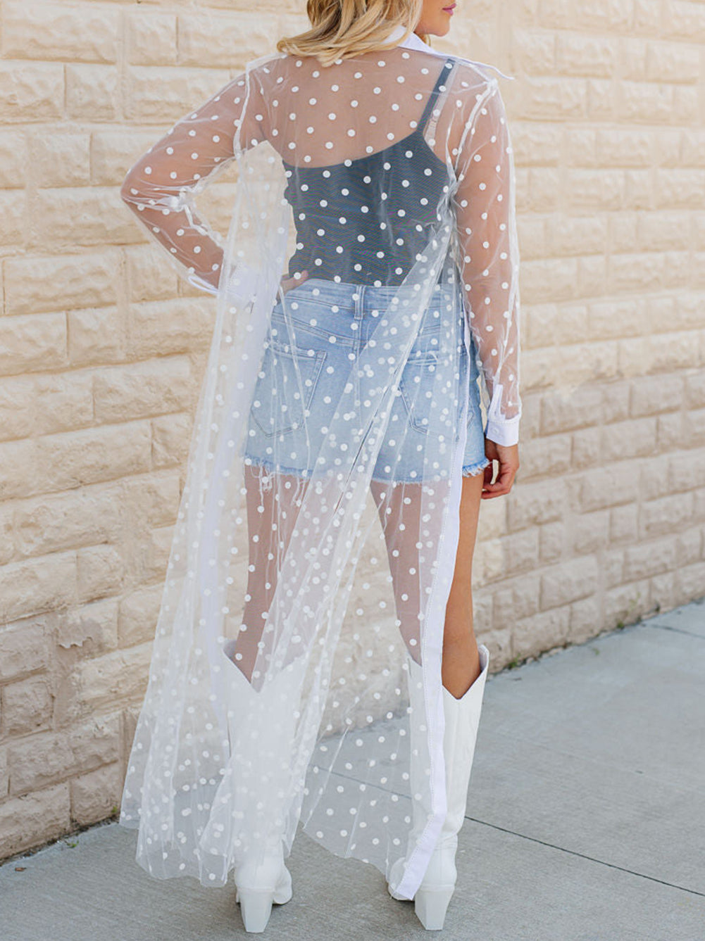 Polka Dot Print Collared Buttoned Mesh Duster Kimono