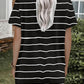 Black Striped Print Side Pockets Short Sleeve Tunic Top
