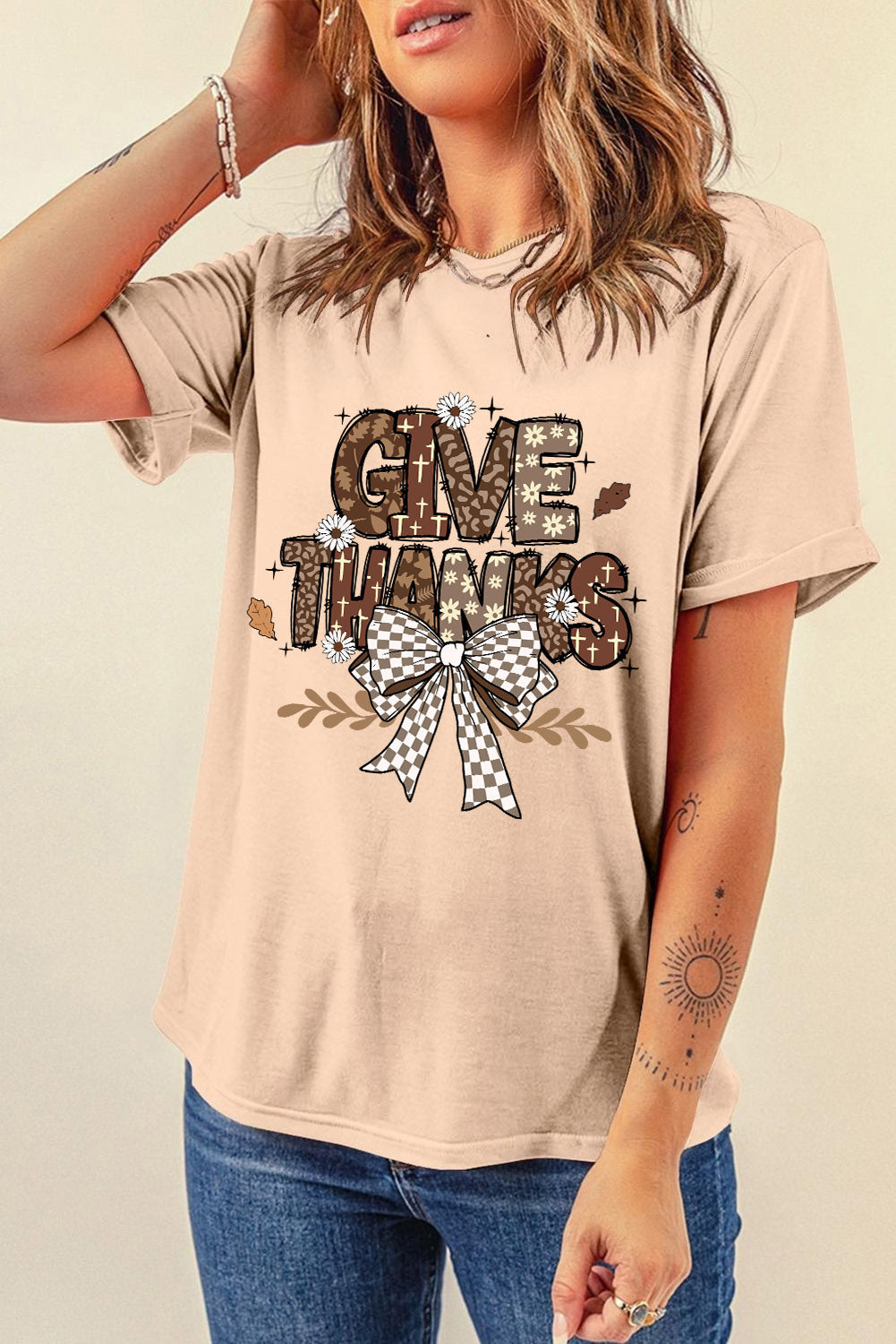 GIVE THANKS Bowknot Printed Crewneck T Shirt