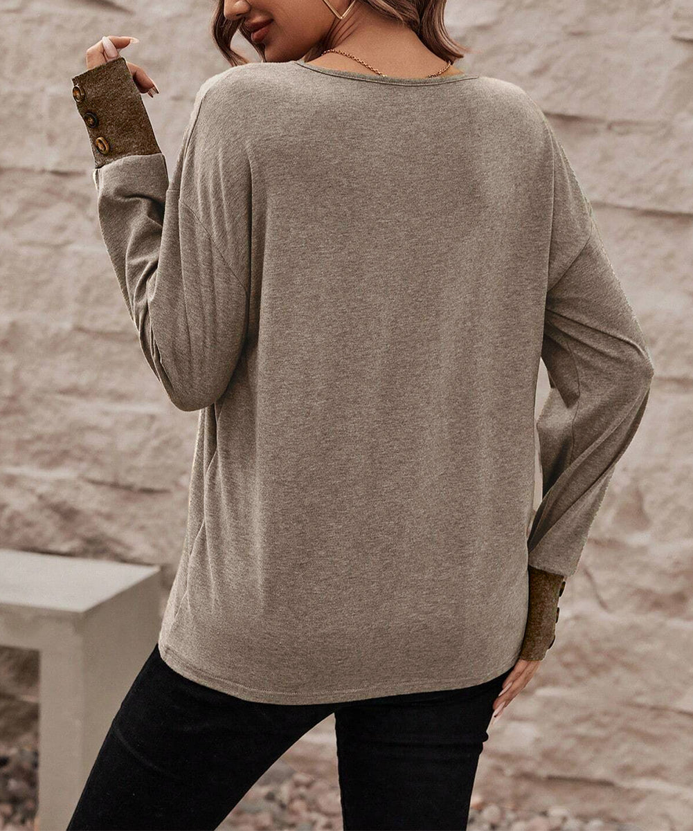 V Neck Button Cuffed Long Sleeve Top
