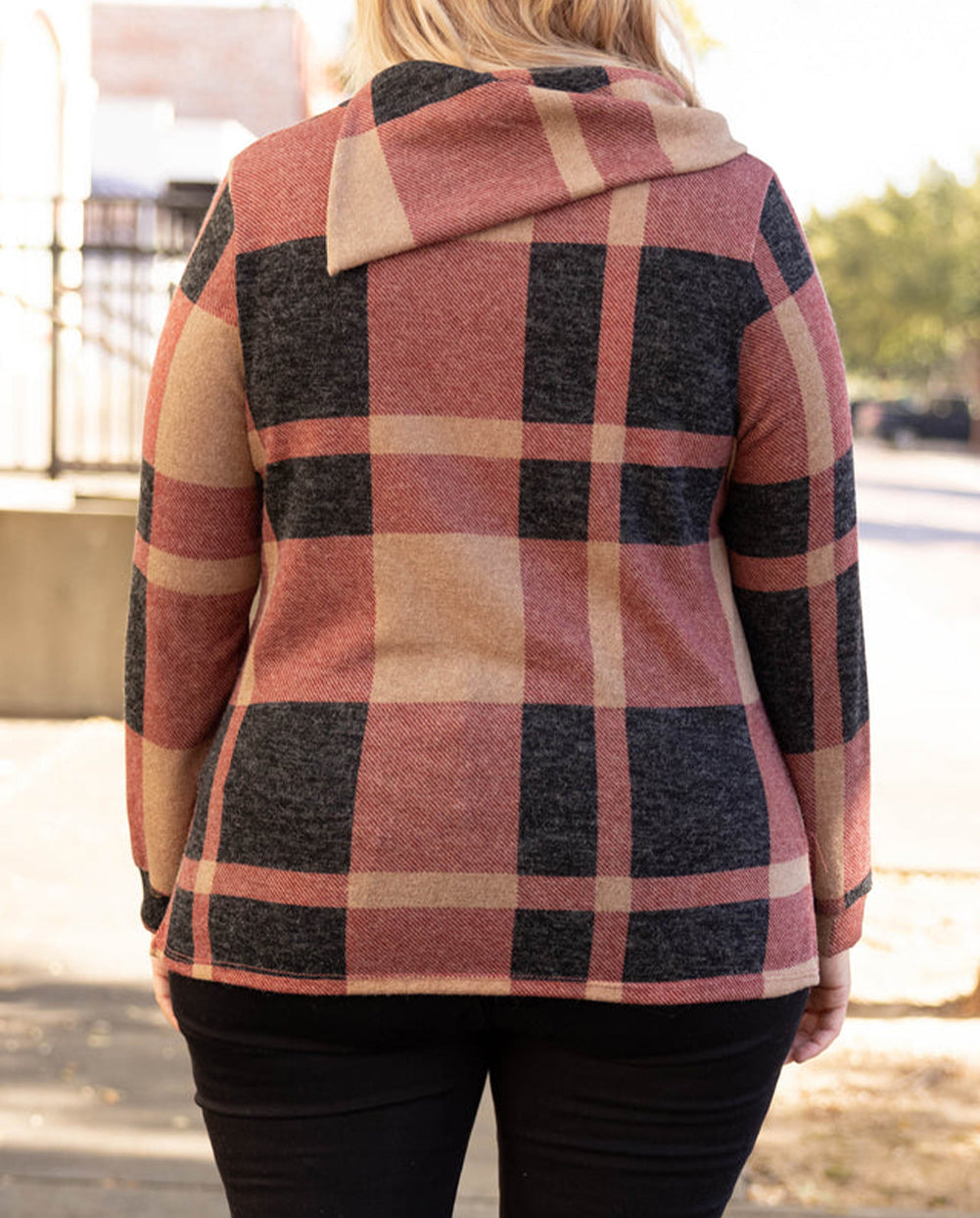 Plus Size Plaid Print Button Decor Asymmetric Neck Top