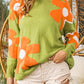 Ribbed Trim Boho Floral Pattern Sweater