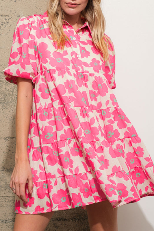 Floral Tiered Puff Sleeve Mini Shirt Dress