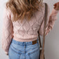 Openwork Plaid Puff Sleeve Cropped Sweater