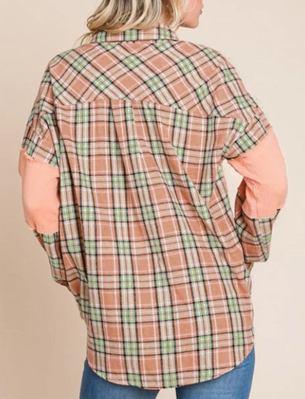 Crinkled Patchwork Plaid Print Oversized Shirt