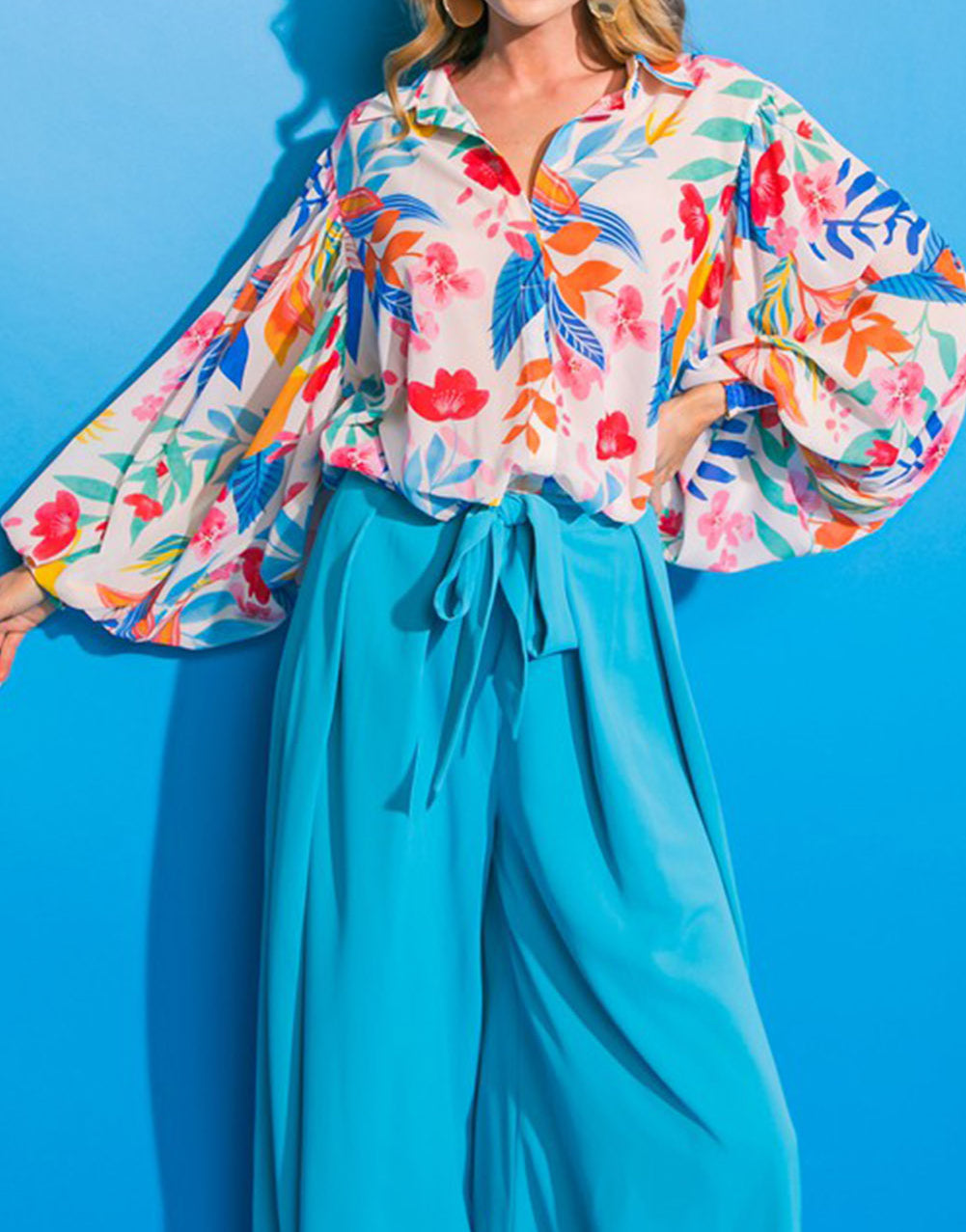 Vibrant Floral Printed Billowy Sleeve Shirt