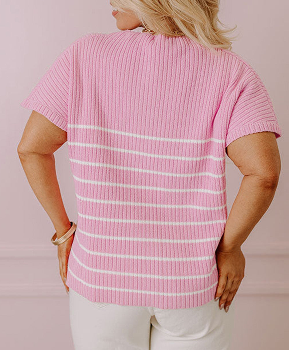 Stripe Ribbed Loose Plus T Shirt
