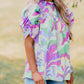 Abstract Print Bubble Sleeve Smock Detail Blouse