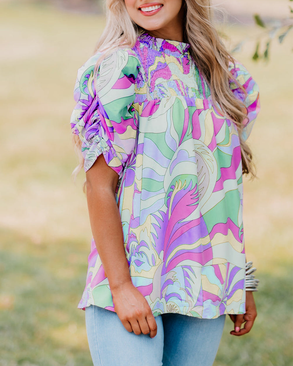 Abstract Print Bubble Sleeve Smock Detail Blouse