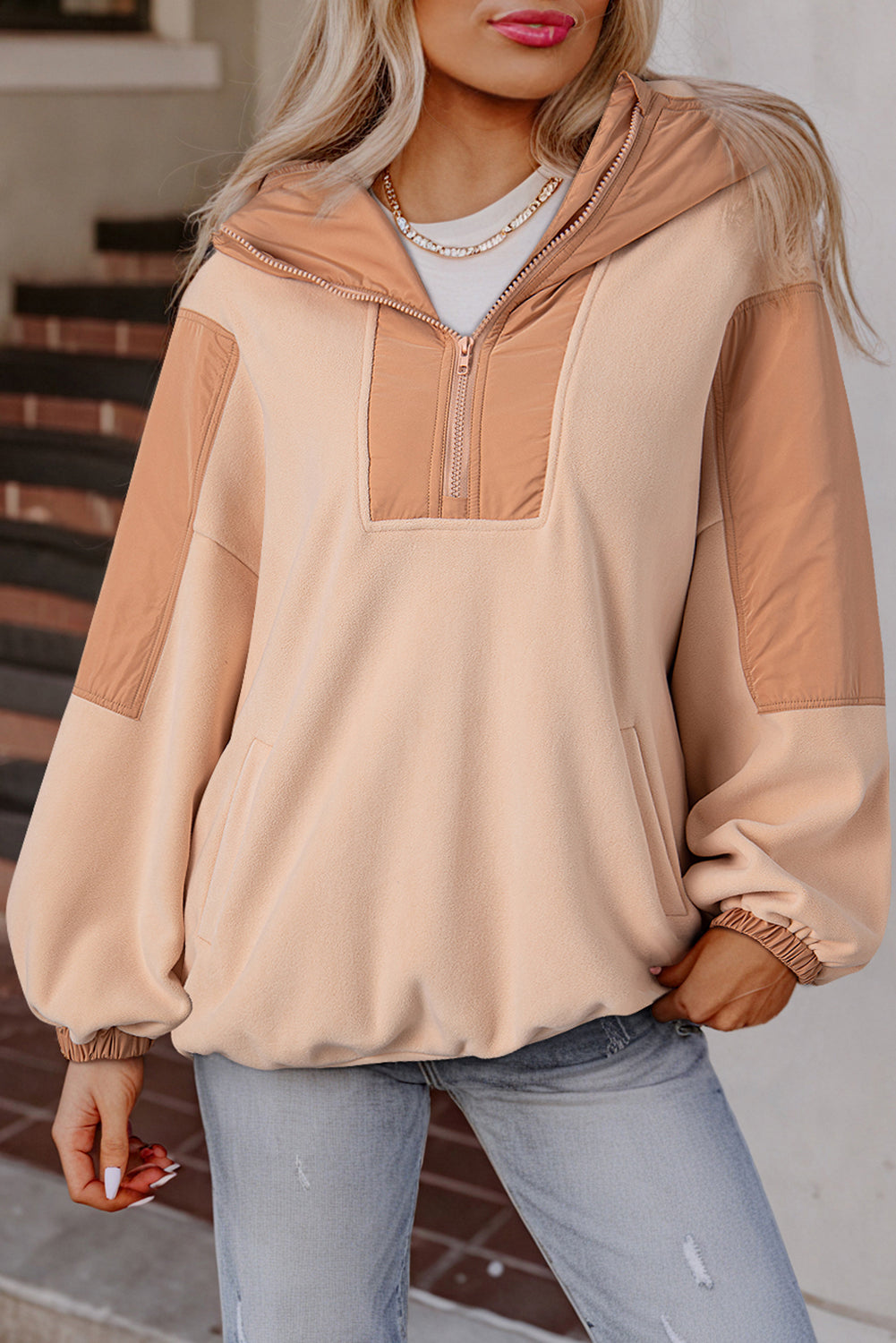 Colorblock Patchwork Half Zip Oversized Sherpa Hoodie