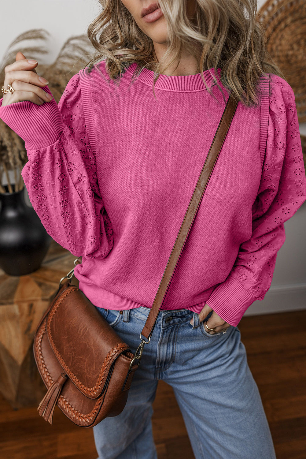 Textured Patchwork Round Neck Sweatshirt