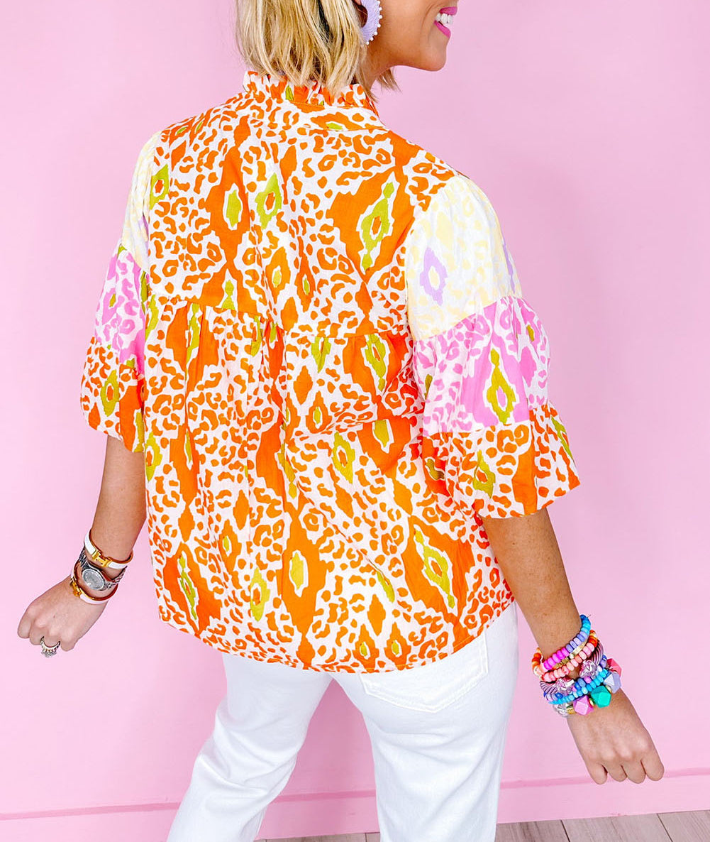 Leopard Colorblock Puff Sleeve Split Neck Blouse