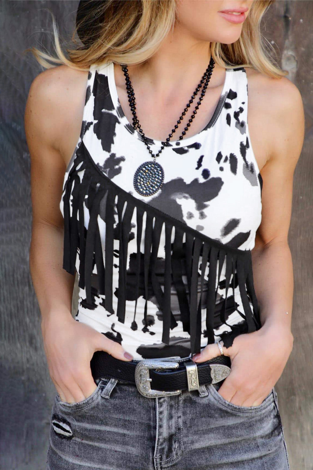 Black Fringe Cowprint Bodysuit