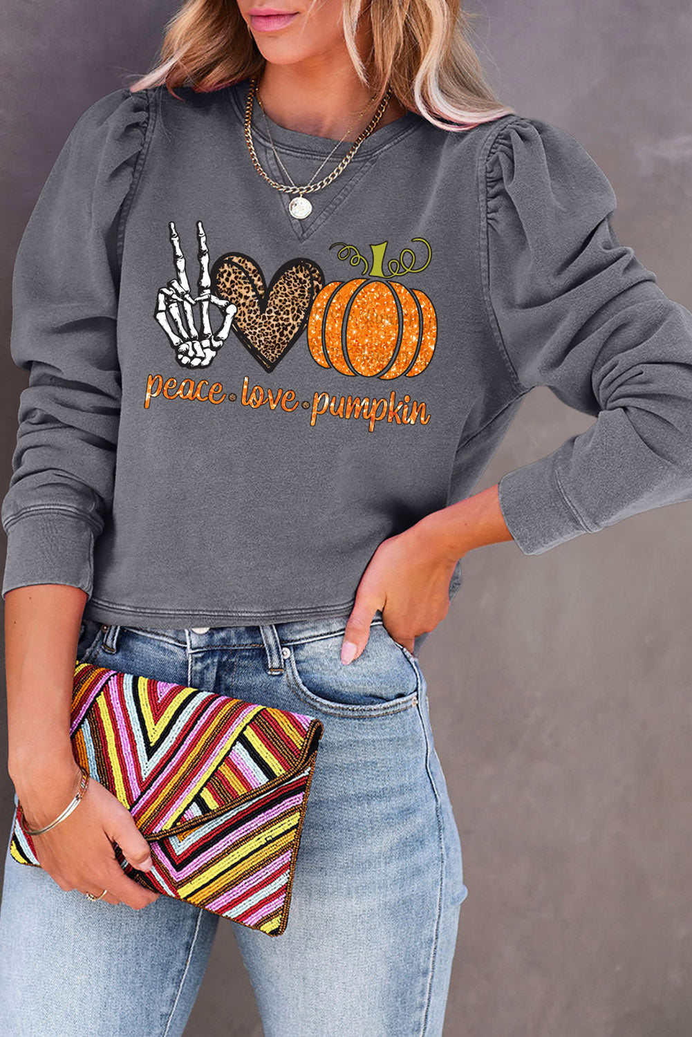 Halloween Slogan Graphic Puff Sleeve Sweatshirt