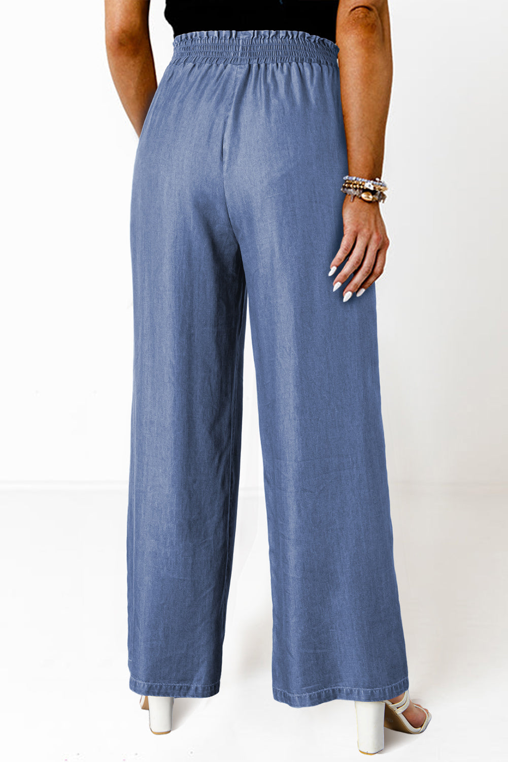 Side Pockets Frilled Smocked High Waist Wide Leg Jeans