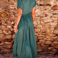 Solid Color V Neck Wrap Pleated Short Sleeve Maxi Dress
