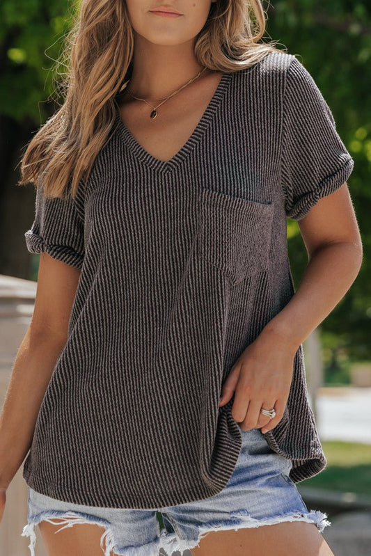 Grey Twist Short Sleeve Corded V Neck Top