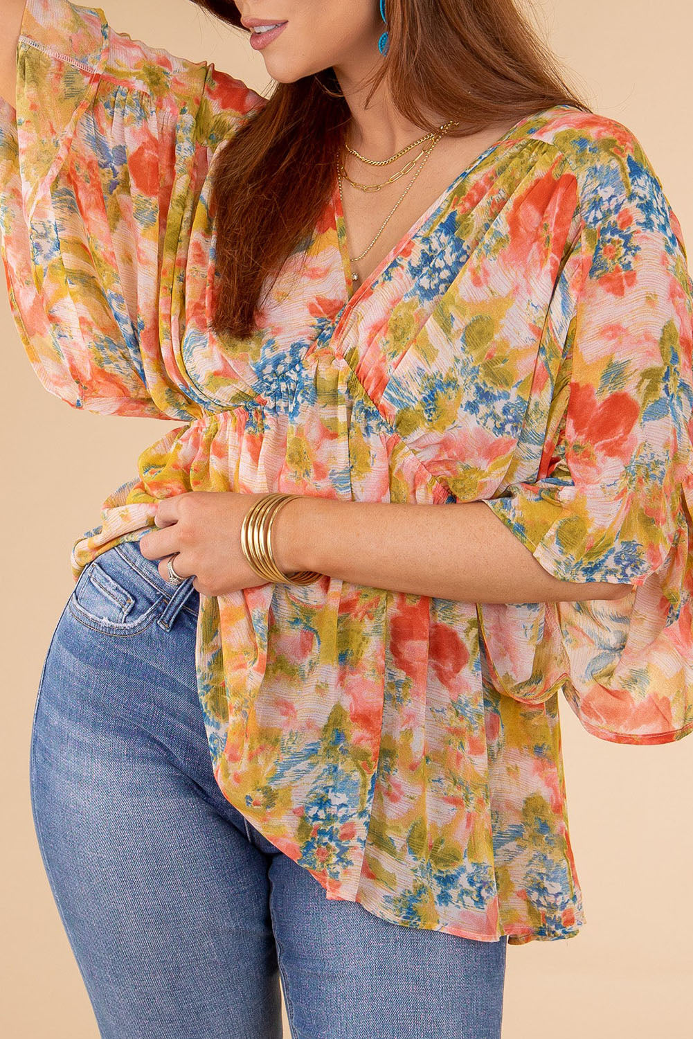 Abstract Print Drape Sleeve V Neck Plus Size Babydoll Blouse