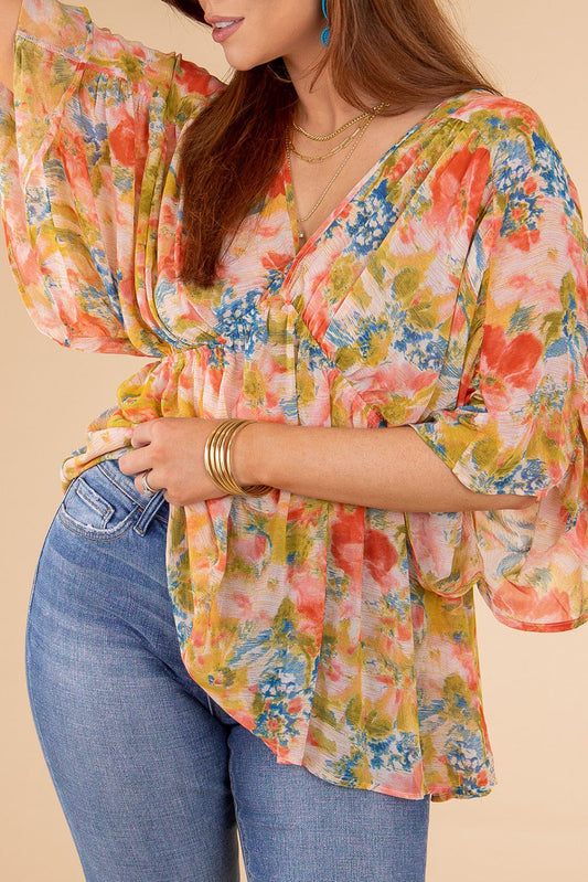 Abstract Print Drape Sleeve V Neck Plus Size Babydoll Blouse