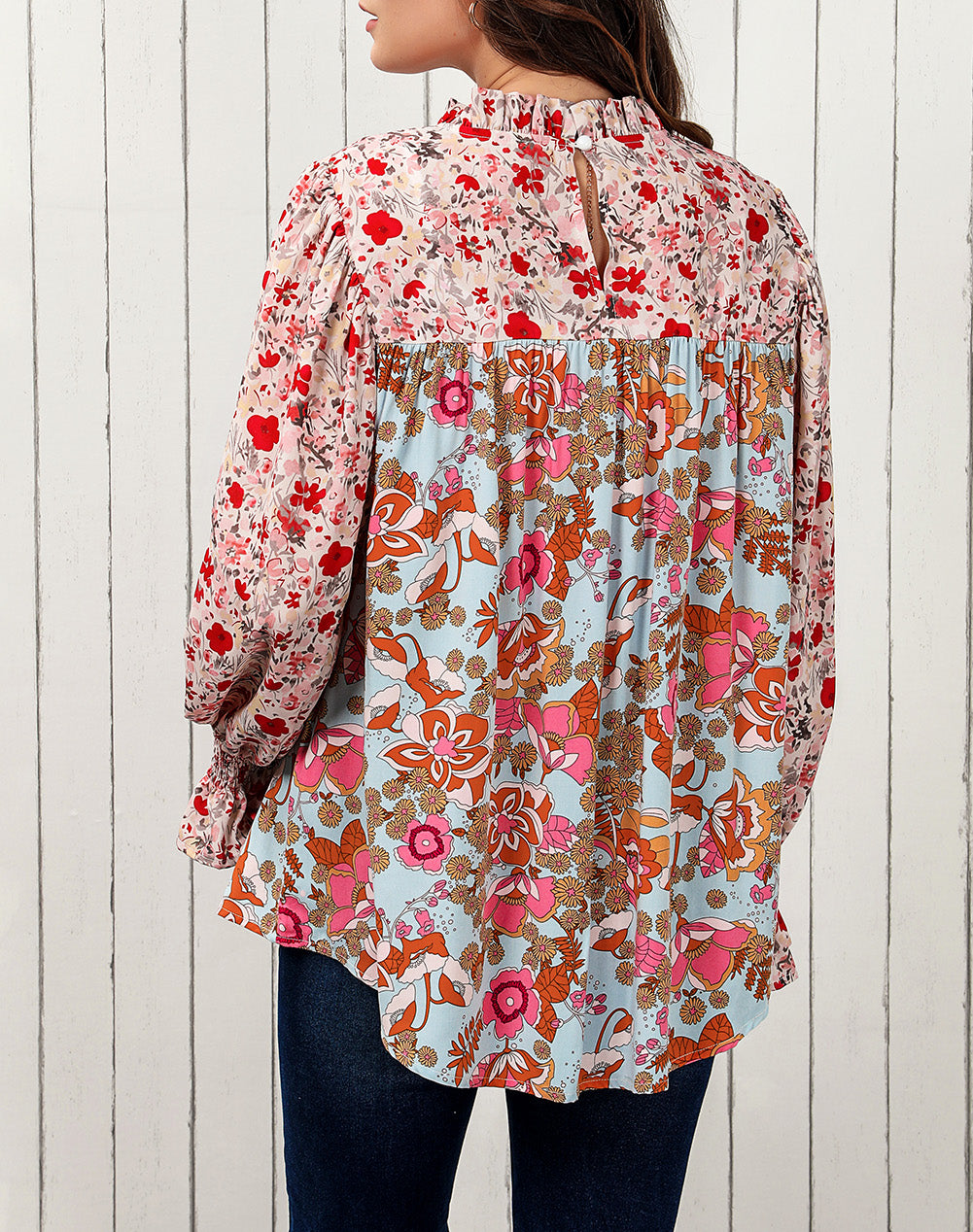 Lace Trim Contrast Floral Long Puff Sleeve Blouse