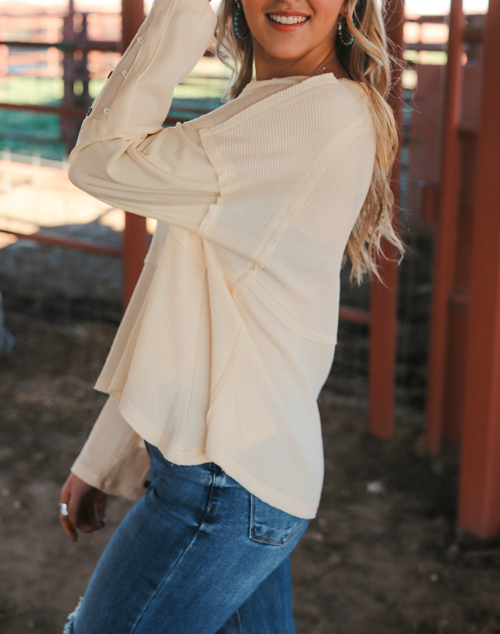 Waffle Knit Button Detail Exposed Seam Flowy Top