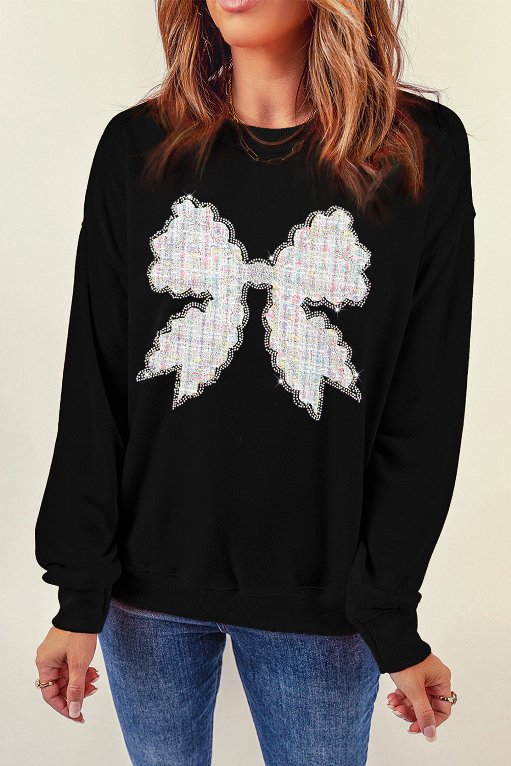 Rhinestone Decor Bowknot Graphic Pullover Sweatshirt