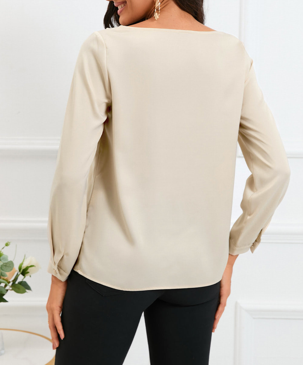 Solid Asymmetric V Neck Long Sleeve Satin Blouse