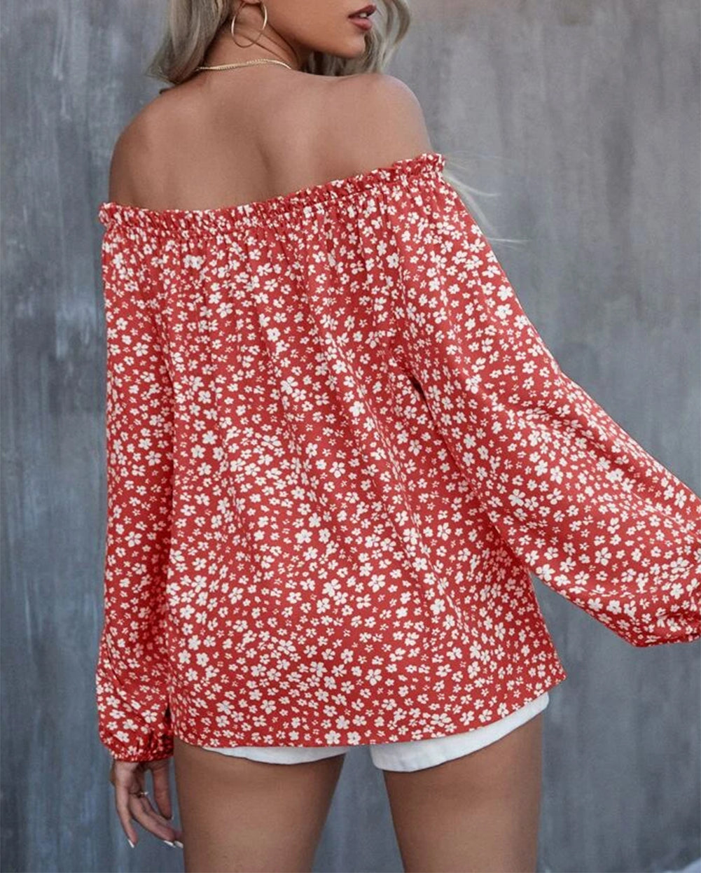 Floral Print Frill Trim Off-shoulder Lantern Sleeve Blouse