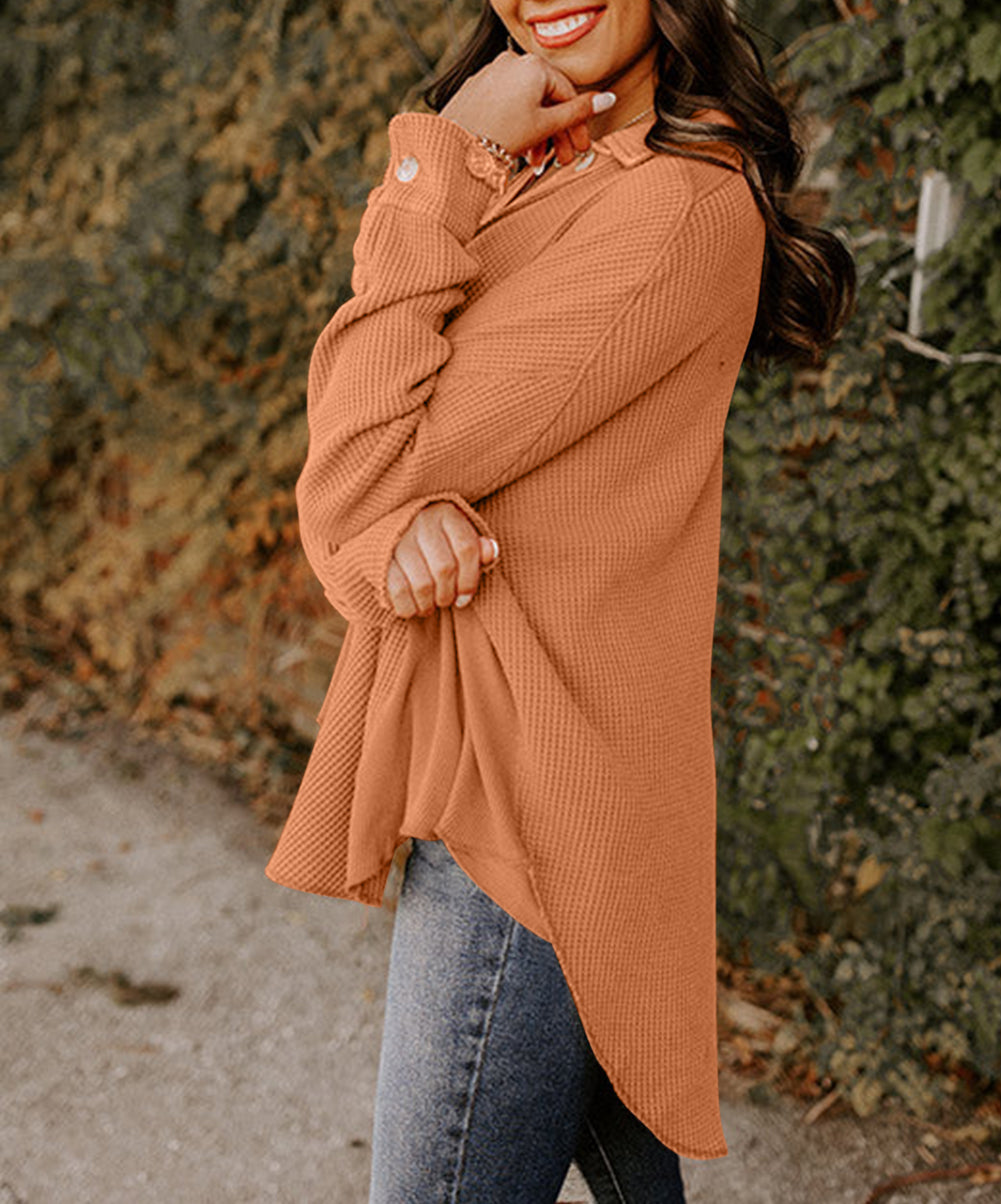 Button Flap Pocket Waffle Knit Shacket