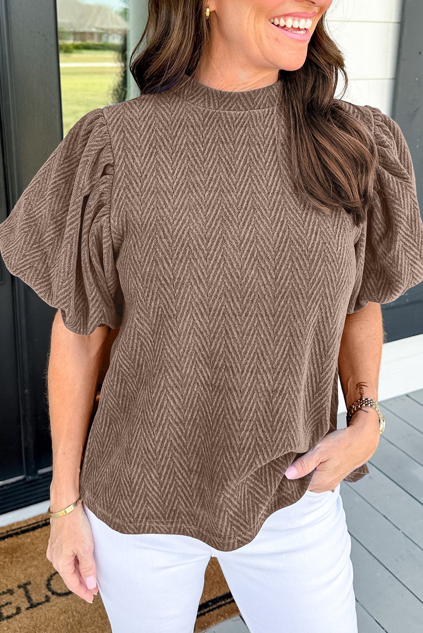 Solid Textured Puff Sleeve Mock Neck Blouse