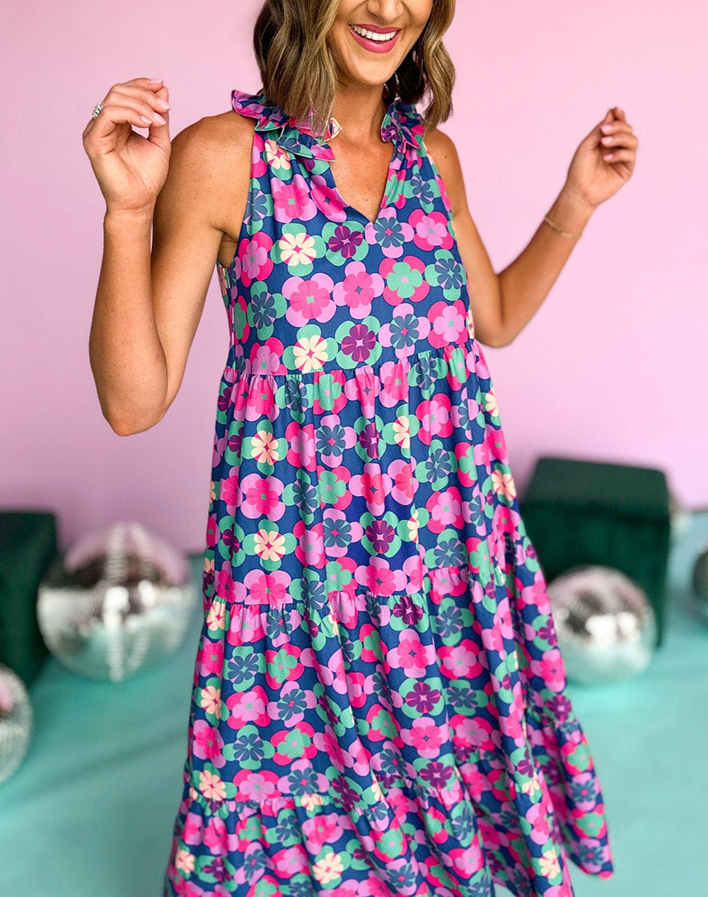 Floral Print Frilly Neck Sleeveless Tiered Maxi Dress