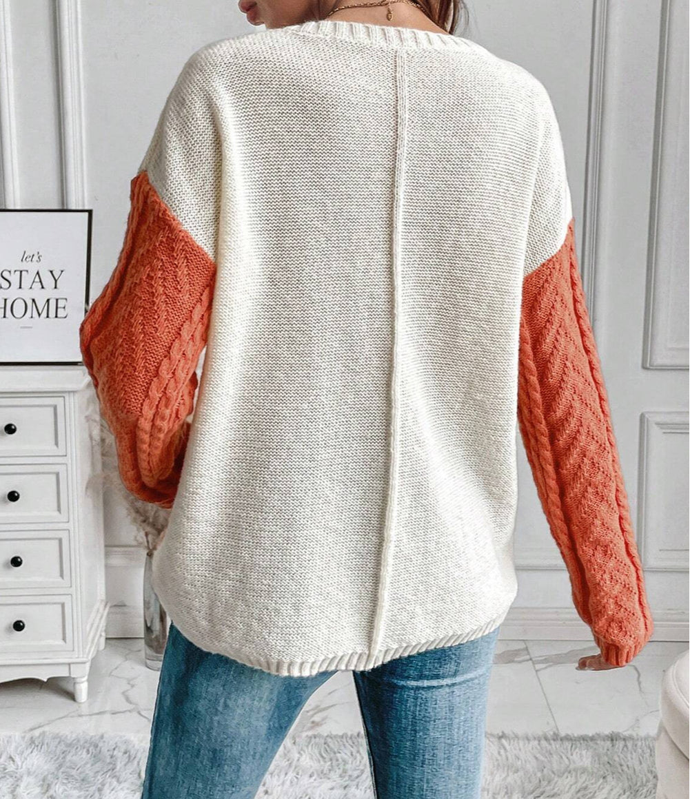 Tan Colorblock Patched Pocket Drop Shoulder Sweater