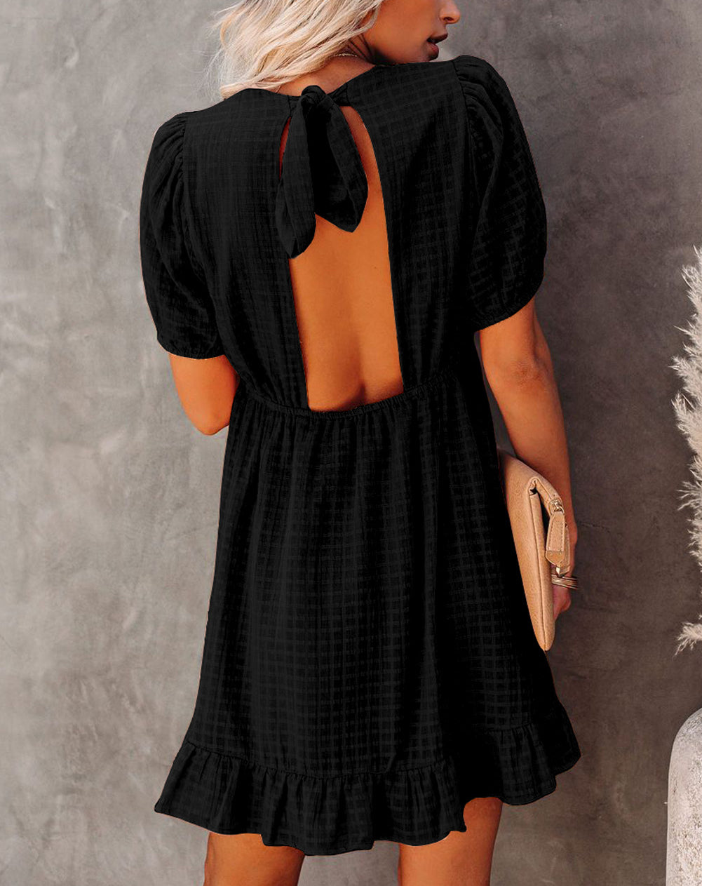 Checkered Pattern Puff Sleeve Babydoll Dress