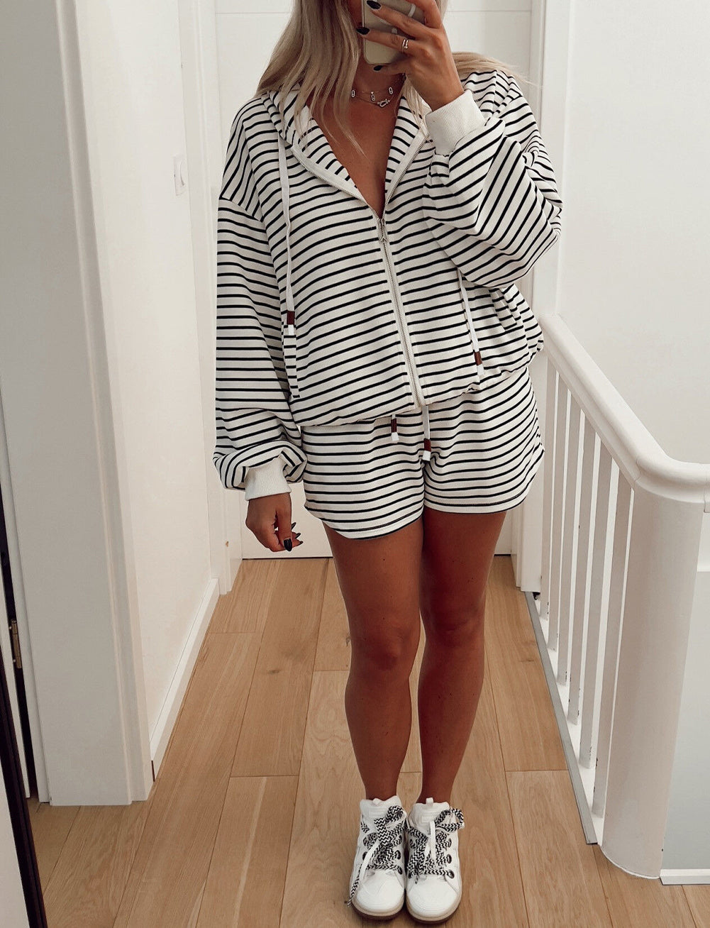 Printed Striped Zip Up Hoodie and Shorts Outfit