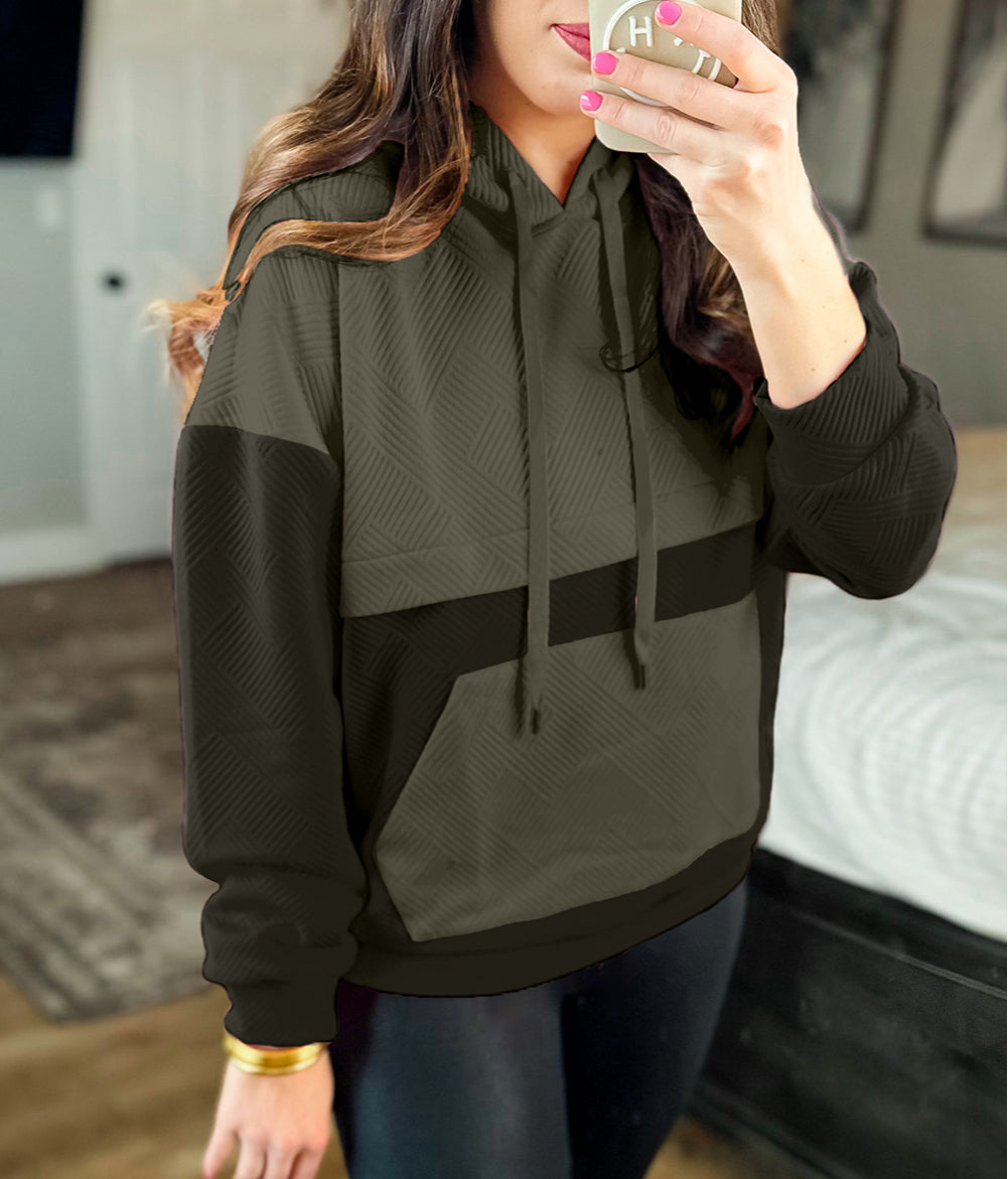 Textured Color Block Kangaroo Pocket Drop Shoulder Hoodie