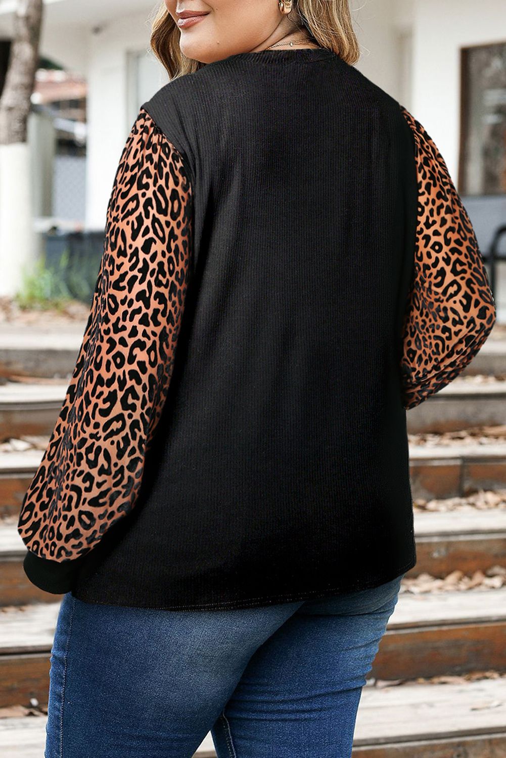 Leopard Patchwork Ribbed Knit Mock Neck Plus Size Top