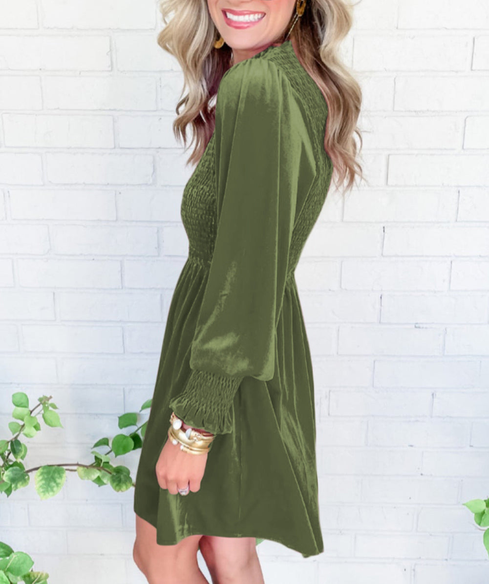 Frilled Neck Smocked Bodice Velvet Dress