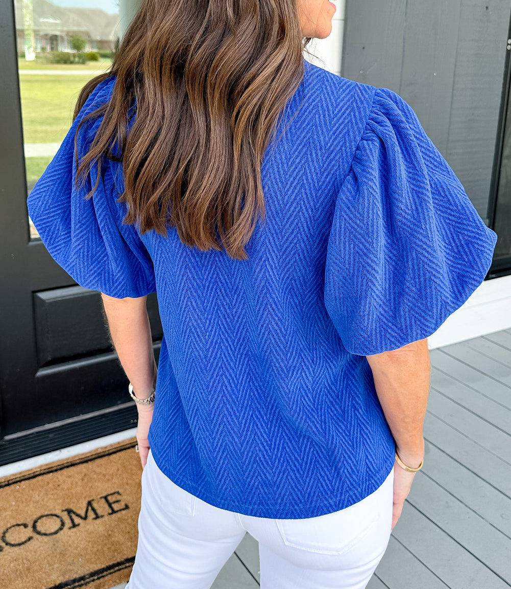 Solid Textured Puff Sleeve Mock Neck Blouse