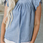 Frilly Pleated Button Back Retro Chambray Top