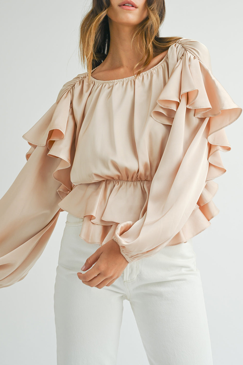 Lace-up Keyhole Back Ruffled Peplum Blouse